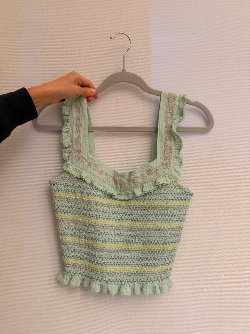 LOVE SHACK FANCY Light Green Ruffled Knit Crop Top